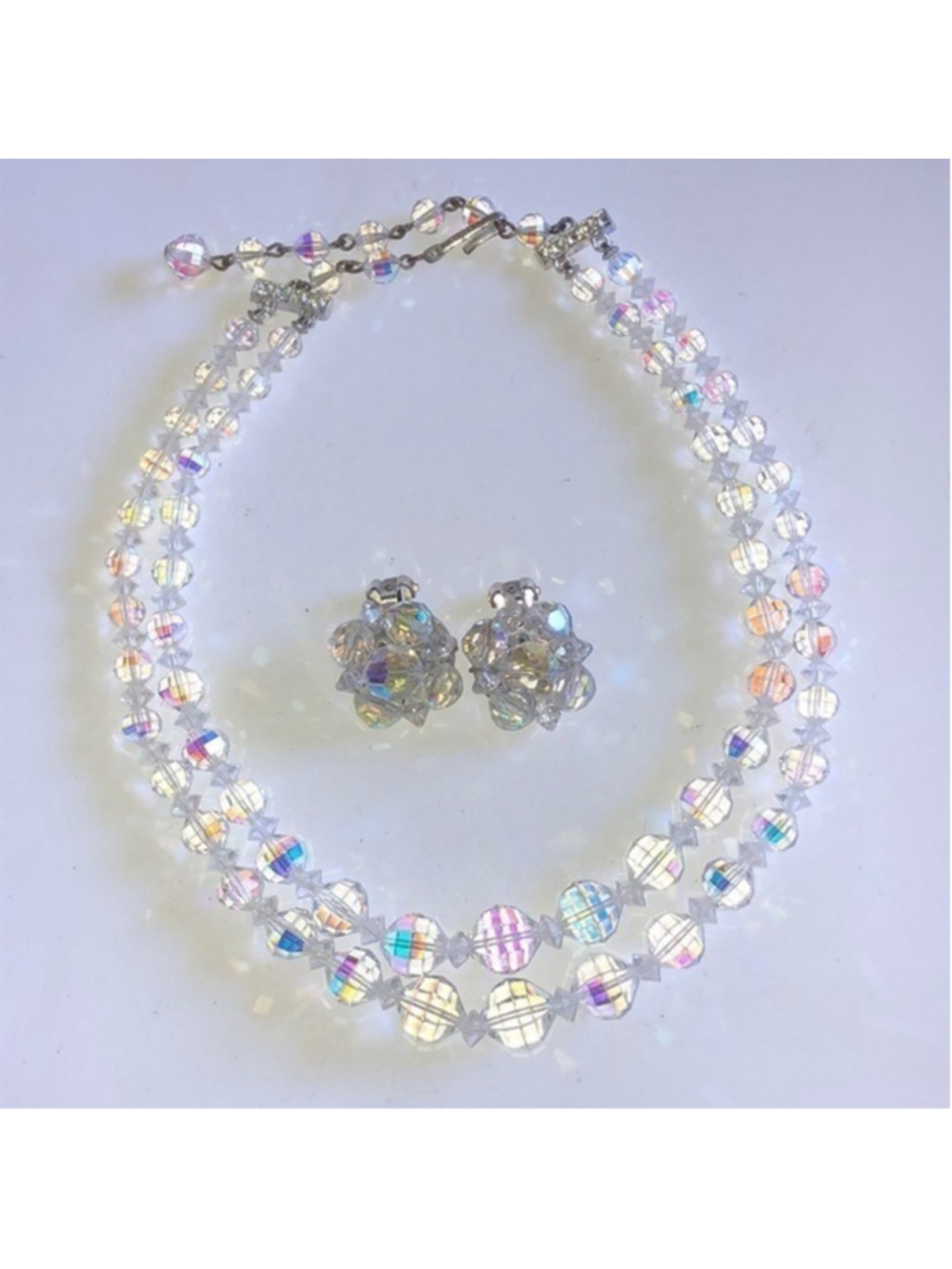 Laguna Aurora Borealis Beaded Double Strand Necklace & Clip On Earrings